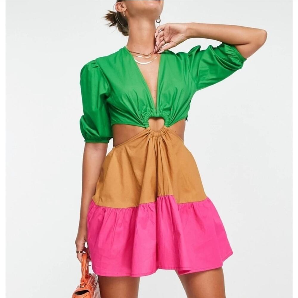 Never Fully Dressed Dopaminecore Tropical Bold Color Block Cut-Out Mini Dress S